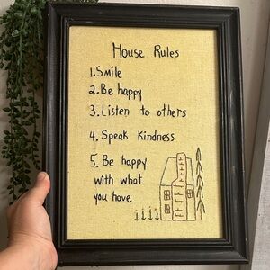Charming House Rules Embroidered Art Print in Black Frame
